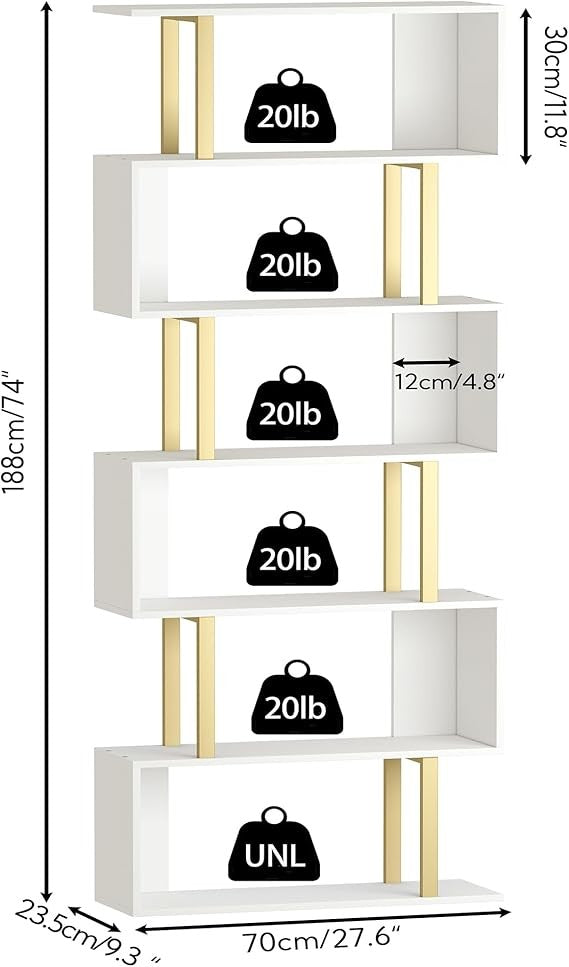 Modern 6-Tier S-Shaped Bookshelf Gold & White Tall Display Storage Unit