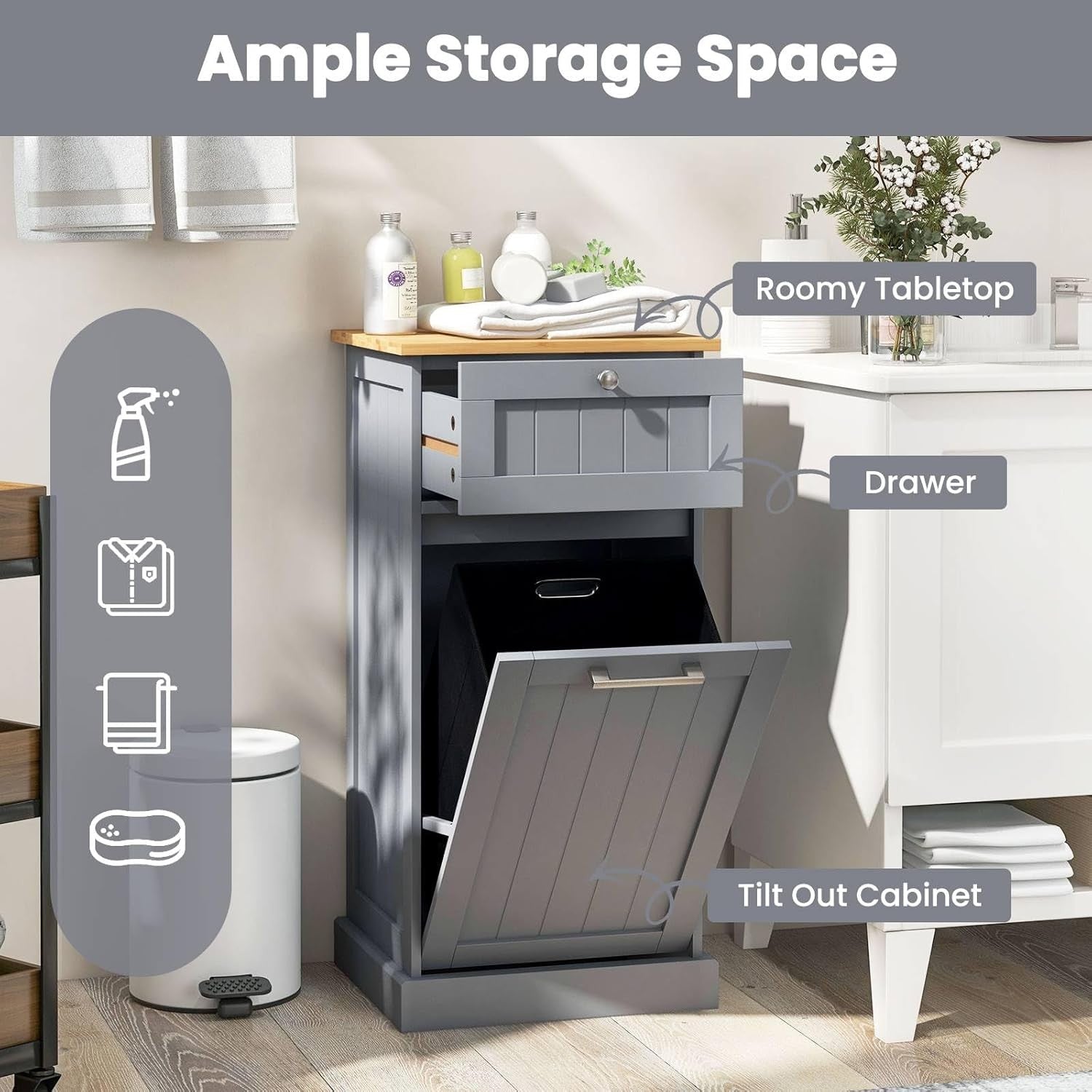 Grey Tilt-Out Laundry Hamper Cabinet with Drawer 30L Basket Bathroom Unit