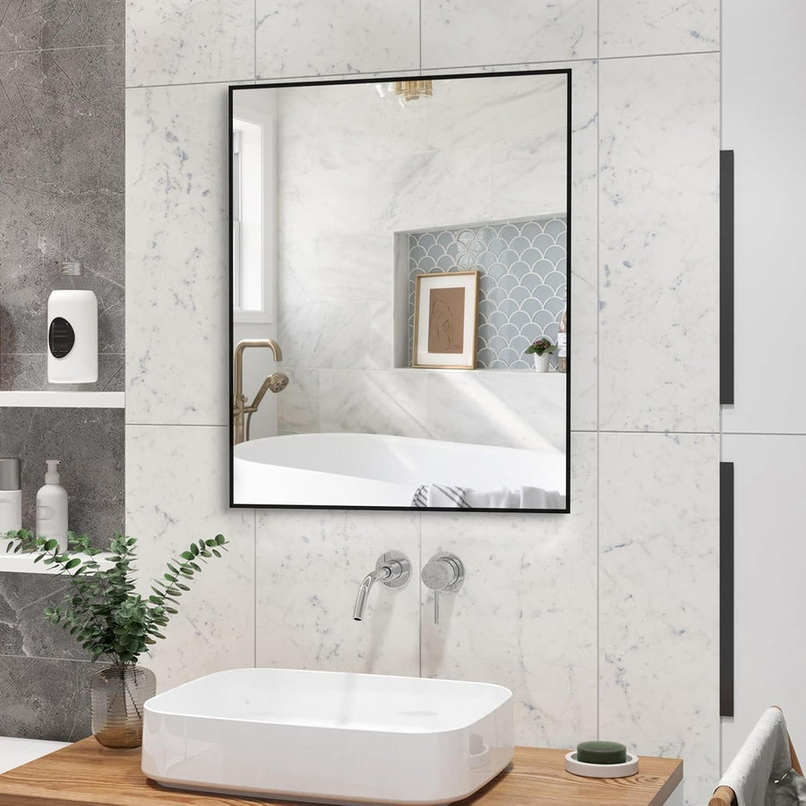 Modern Black Wall Mirror 20x16" for Bathroom or Entryway, Vertical/Horizontal Mo