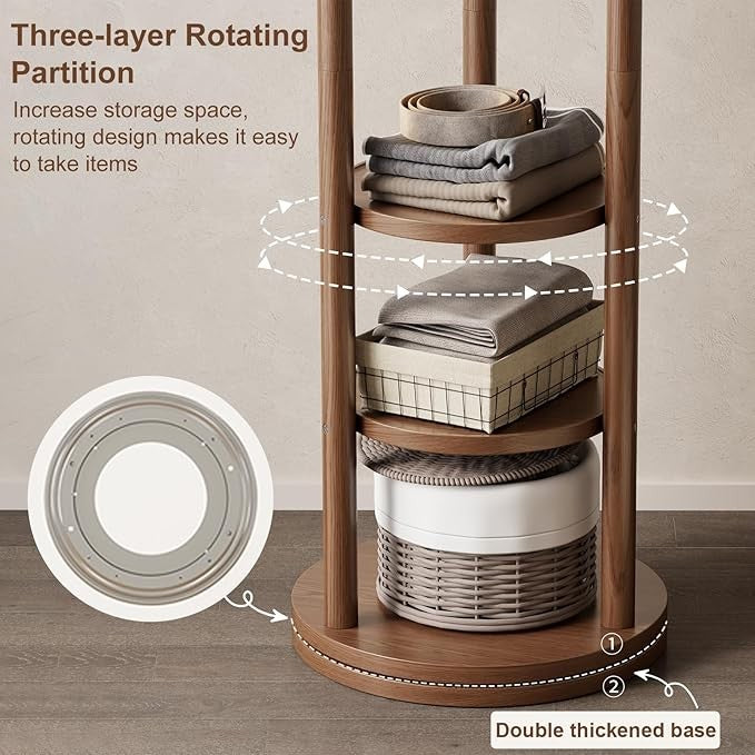 Walnut Wooden Coat Rack Stand | 3 Shelves Rotating 9 Hooks Hall Tree Organiser