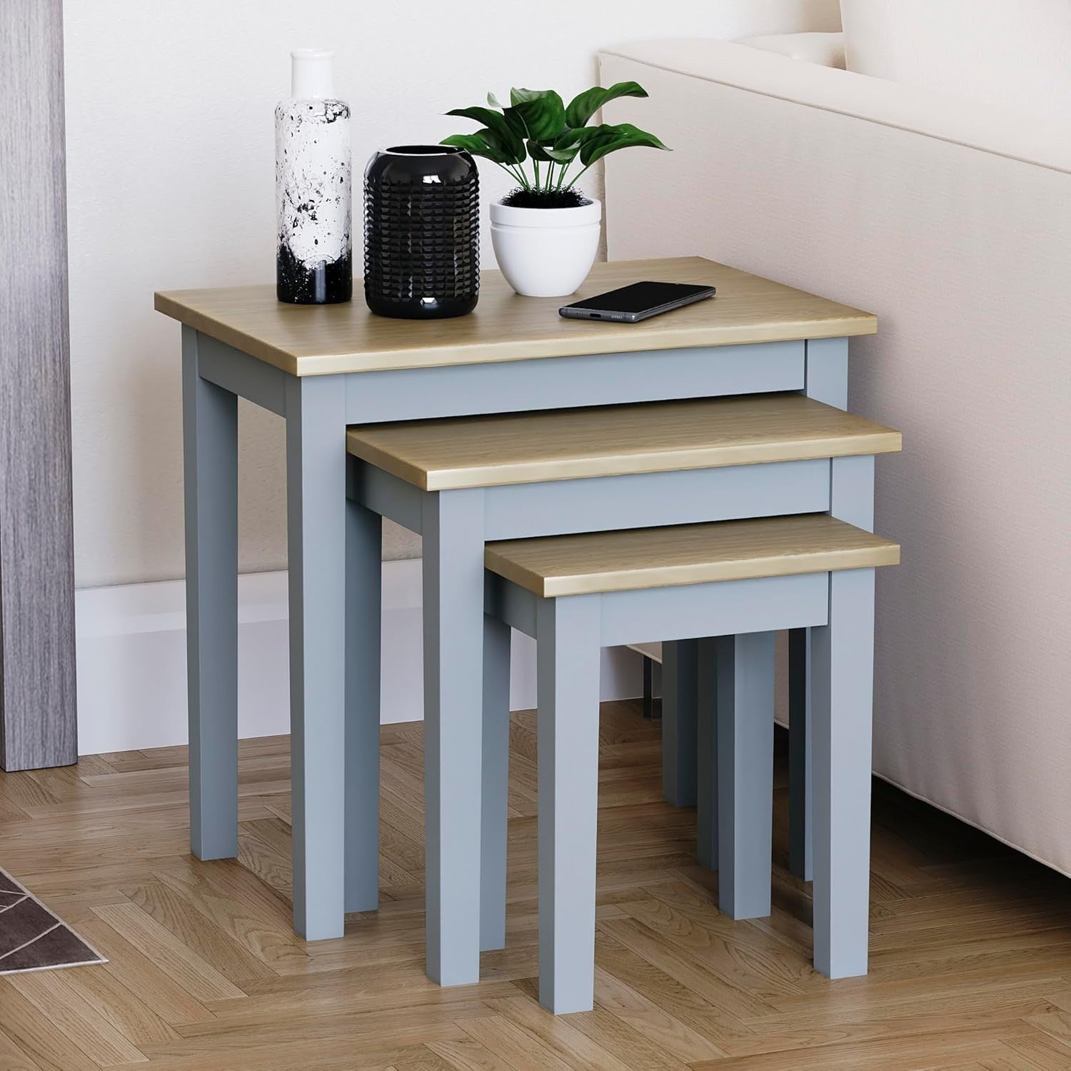 Nest of 3 Modern Coffee Side Tables Oak Grey Wood End Living Room Furniture