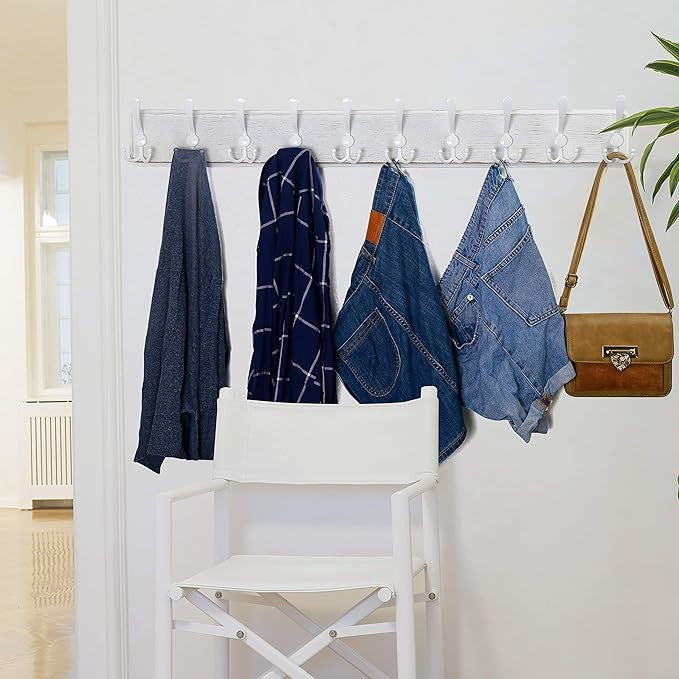 Rustic White Wall Mounted Coat Rack 98cm | 10 Triple Hooks Wooden Hanger