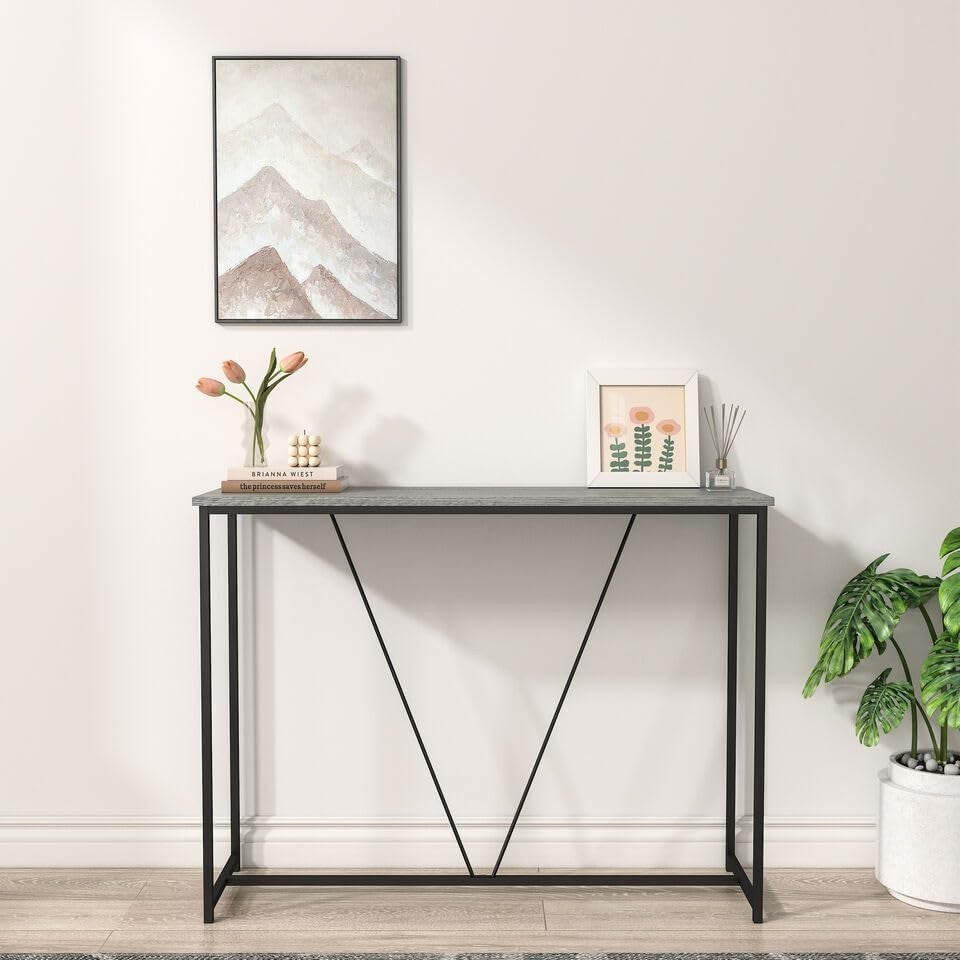 Modern Slim Entryway Console Table with Display Shelf, 100cm, Ash Grey