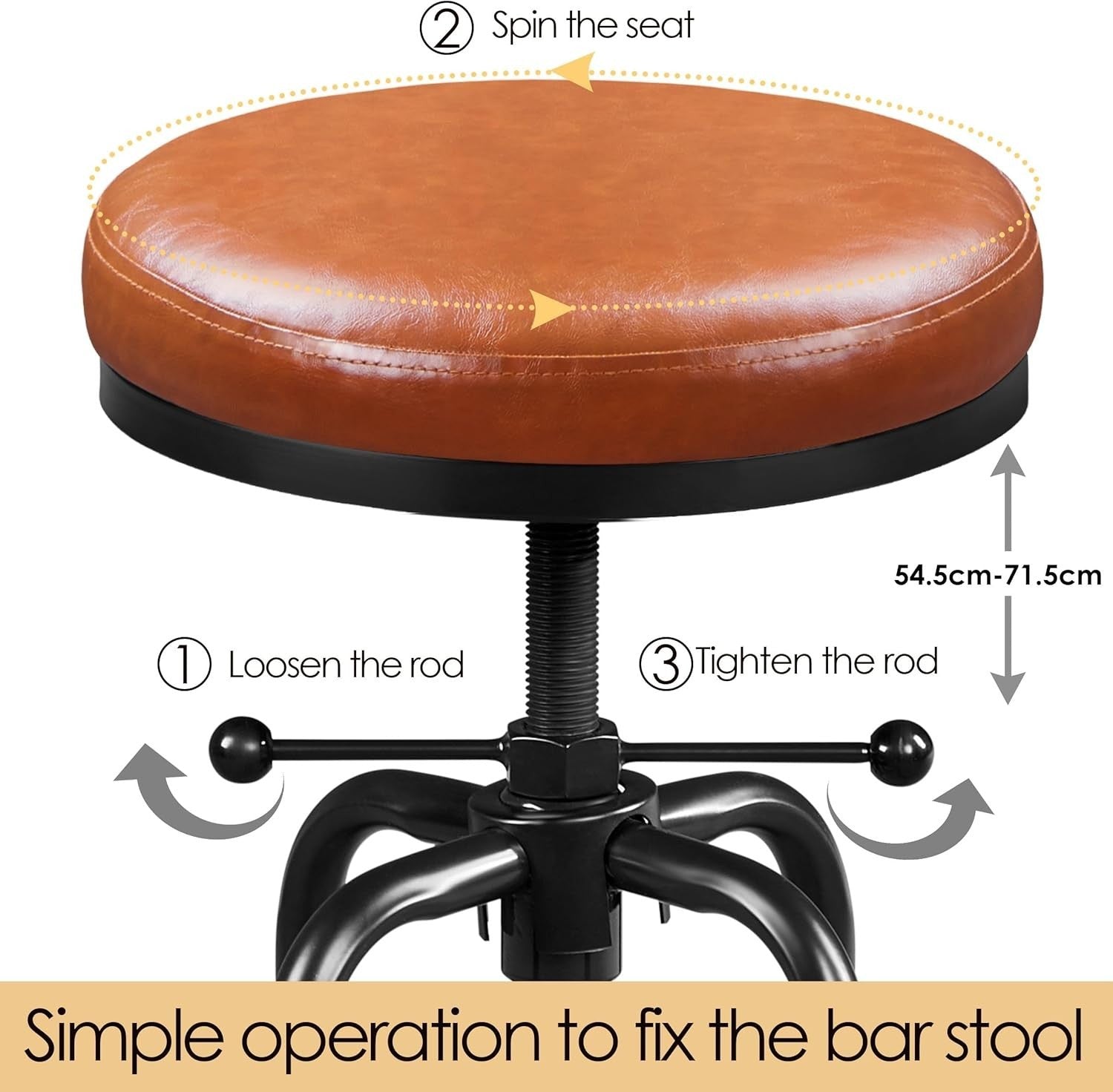 2PCS Light Brown Adjustable Bar Stool 44cm Dia Modern Kitchen Chair