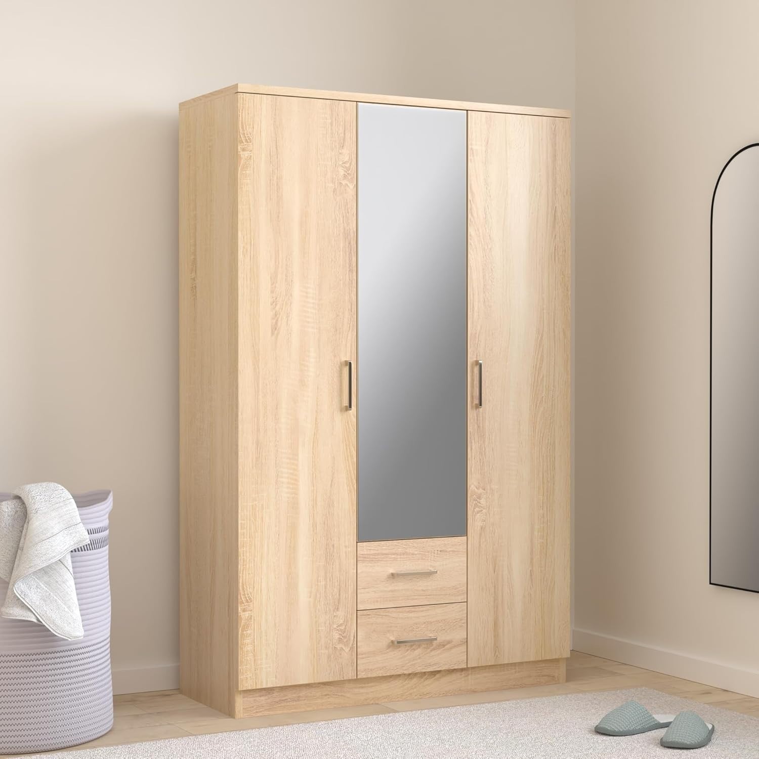 3 Door Wardrobe Mirror Soft Close Drawers Oak Finish Bedroom Storage