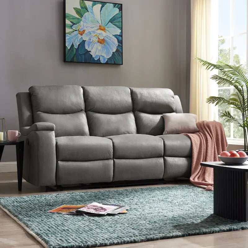 Grey Faux Leather 3 Seater Recliner Sofa with Cup Holders & Lumbar Support