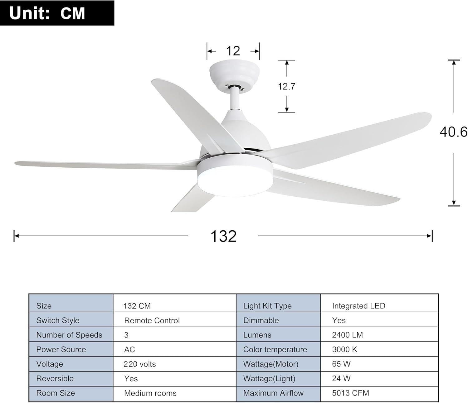 52" Ceiling Fan with Light, 5 Blades, LED, Remote, Reversible Motor