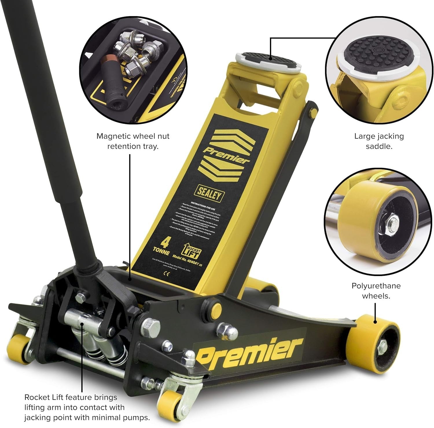 4 Ton Low Profile Hydraulic Trolley Jack 100–533mm Rocket Lift Heavy Duty Yellow