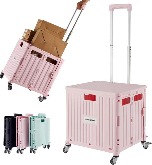 Folding Utility Cart Rolling Crate Trolley Lid Basket 360° Wheels Pink