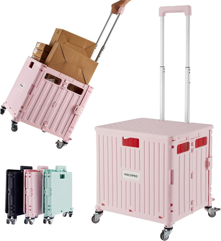Folding Utility Cart Rolling Crate Trolley Lid Basket 360° Wheels Pink