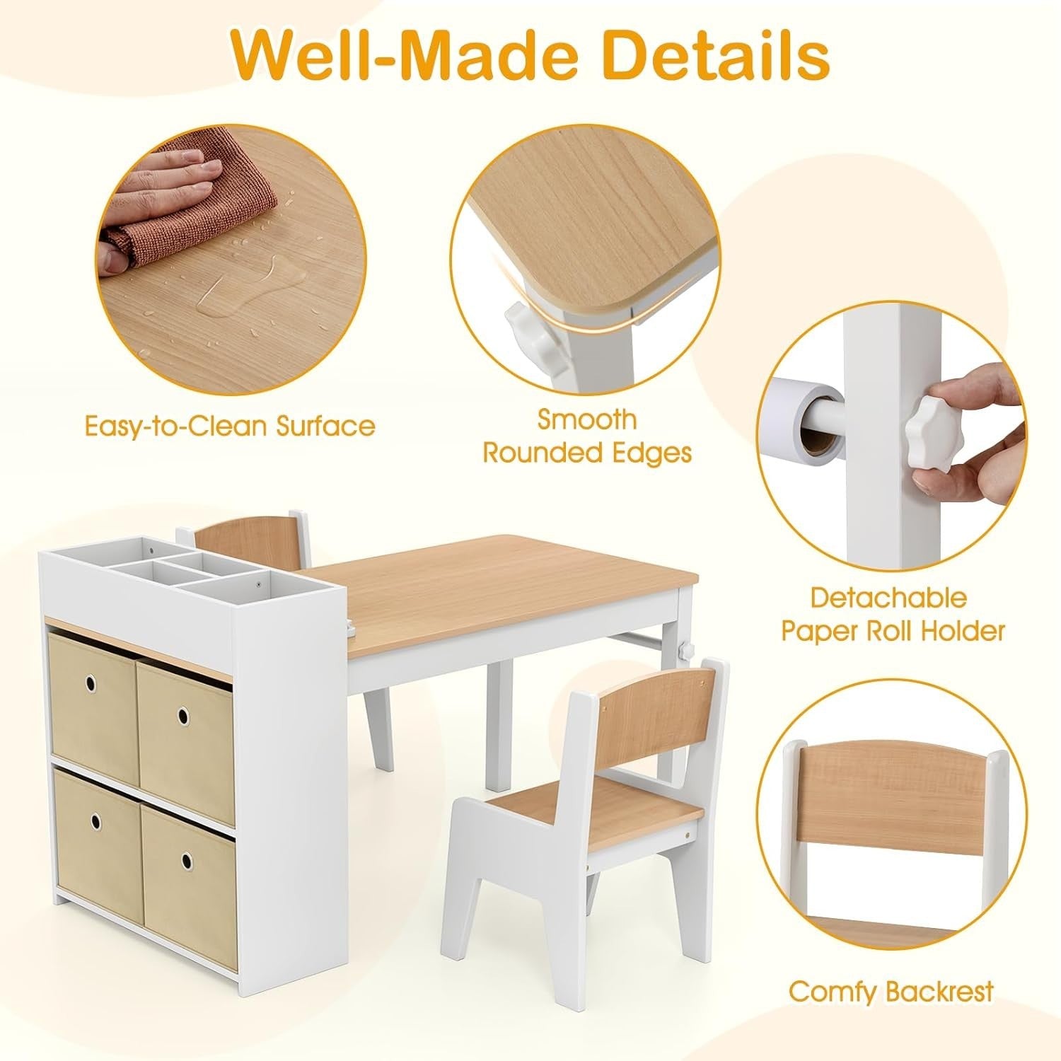 Kids Wooden Table and Chairs Set w/ Paper Roll Storage Bins Shelves Art Desk