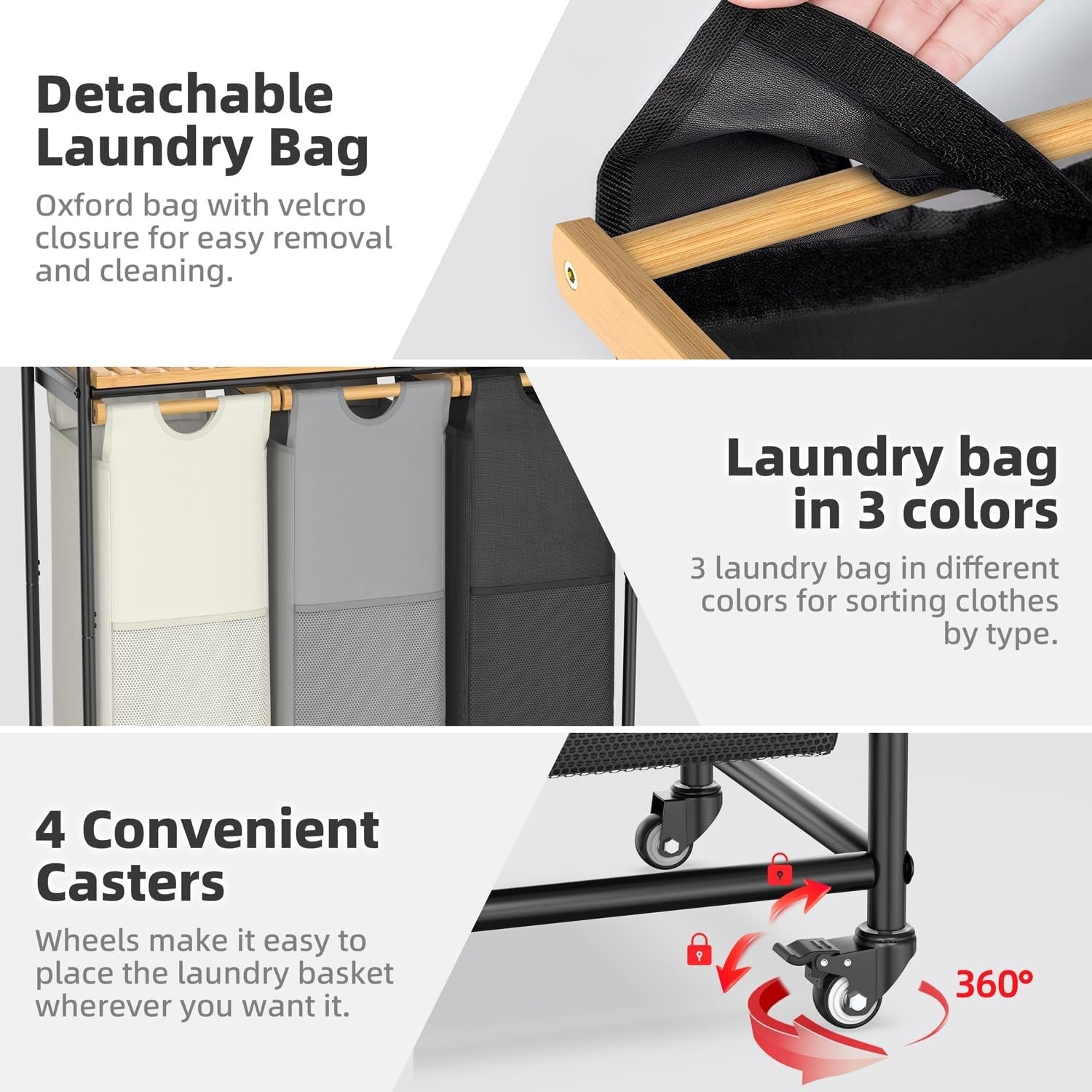 3-Section Laundry Sorter with Bamboo Shelf & Pull-Out Bags on Wheels – 3×40L