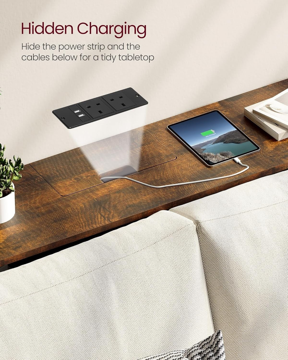 Slim Console Table with Charging Station, USB Ports, Rustic Brown, 120cm