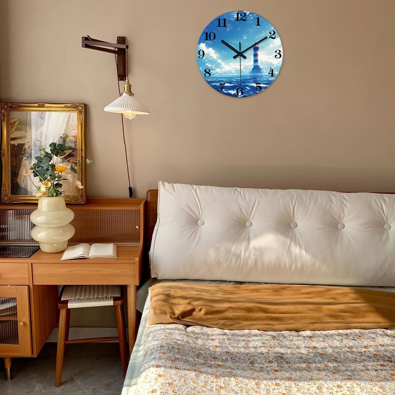 12" Blue Lighthouse Wall Clock Silent Non-Ticking Glass Coastal Kitchen Decor