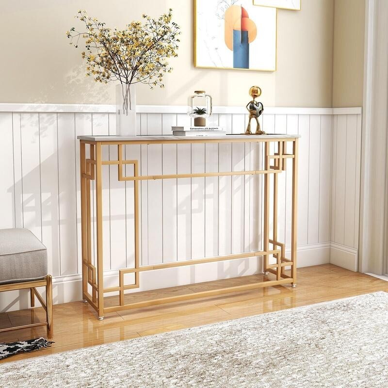 Modern White Faux Marble Console Table with Gold Geometric Frame 110cm