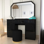 Vanity Dresser Table w/LED Mirror & Padded Stool 7 Drawers Black High Gloss