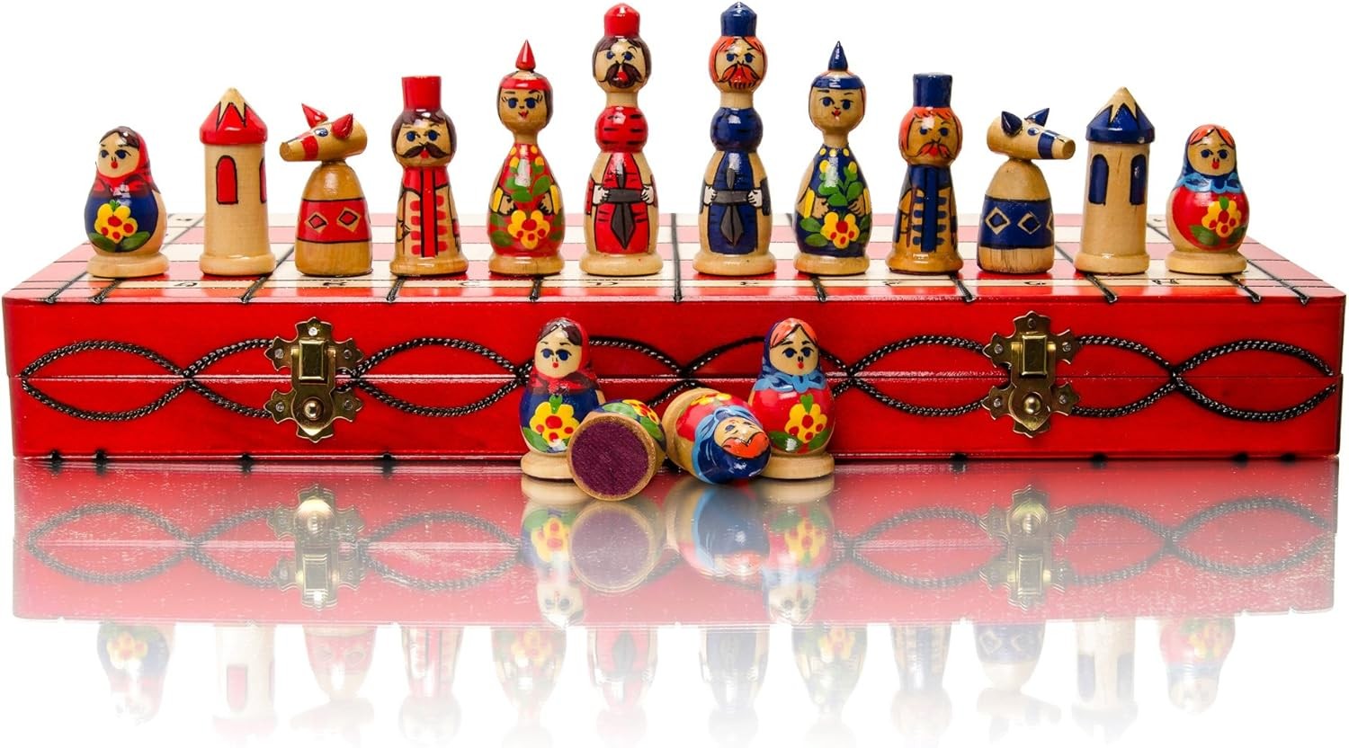 Hand-Painted Wooden Chess Set 42cm Foldable Board Matryoshka Luxury Gift