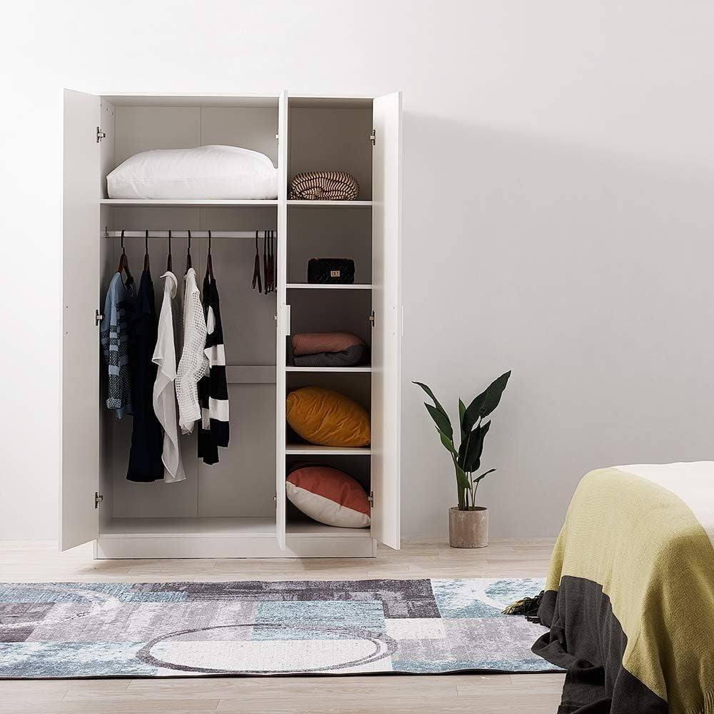 Modern 3 Door White Wardrobe with Hanging Rail & Foldable Storage Shelves