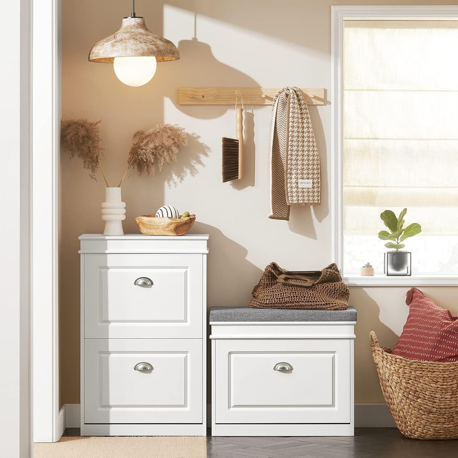 Narrow Shoe Storage Bench with Flip Drawer & Cushion, 60x24x51 cm White