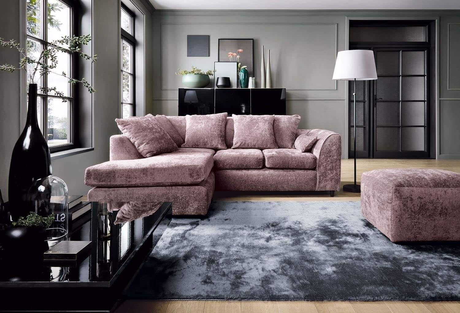 Modern Pink L-Shaped Corner Sofa 5-Seater Crushed Chenille Couch