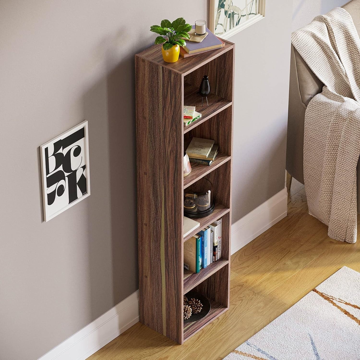 5 Tier Walnut Wooden Cube Bookcase Small Storage Shelf for Living Room Office