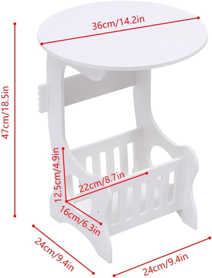 Round White Bedside Table with Shelf, Slim Corner Side Table for Small Spaces