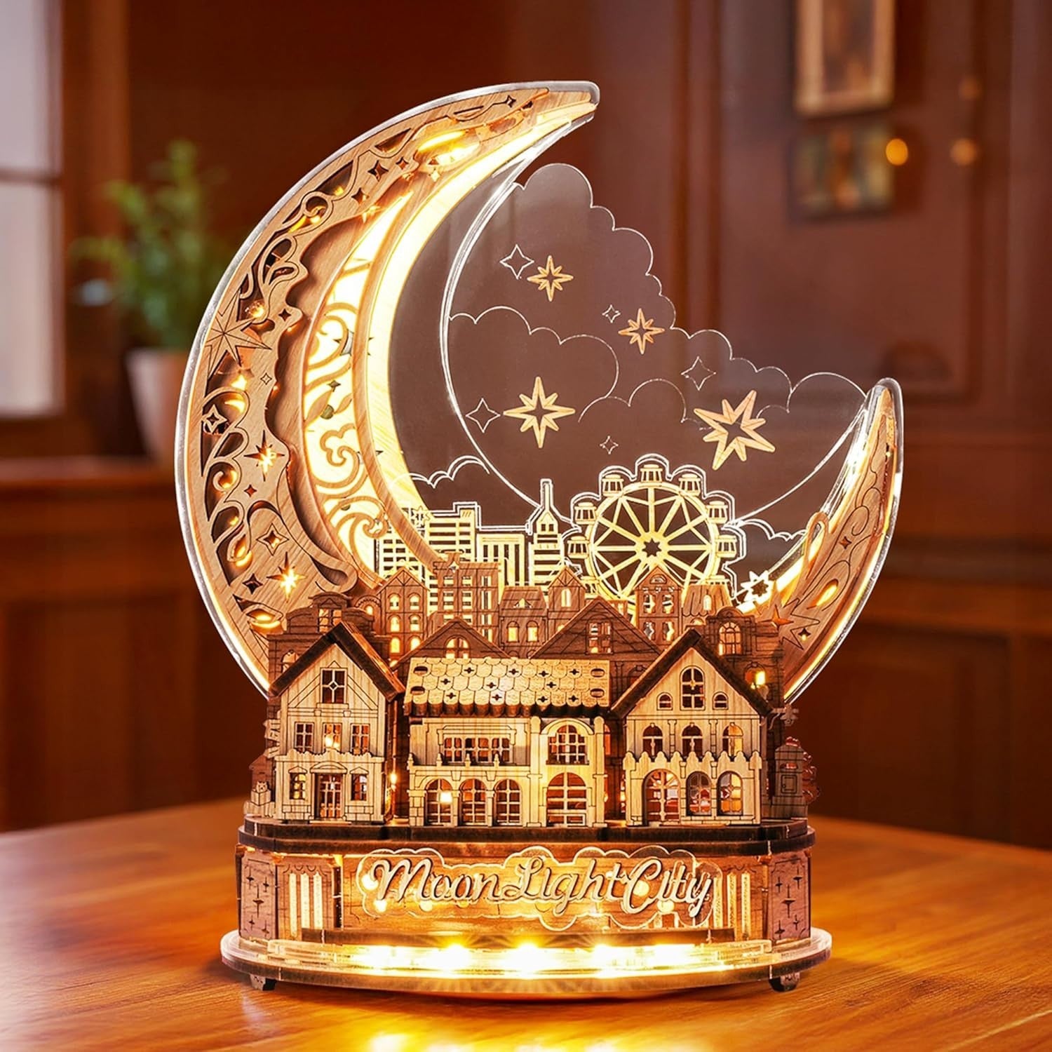 LED 3D Wooden Moon Puzzle Lamp – DIY Decor Kit for Adults & Kids Gift