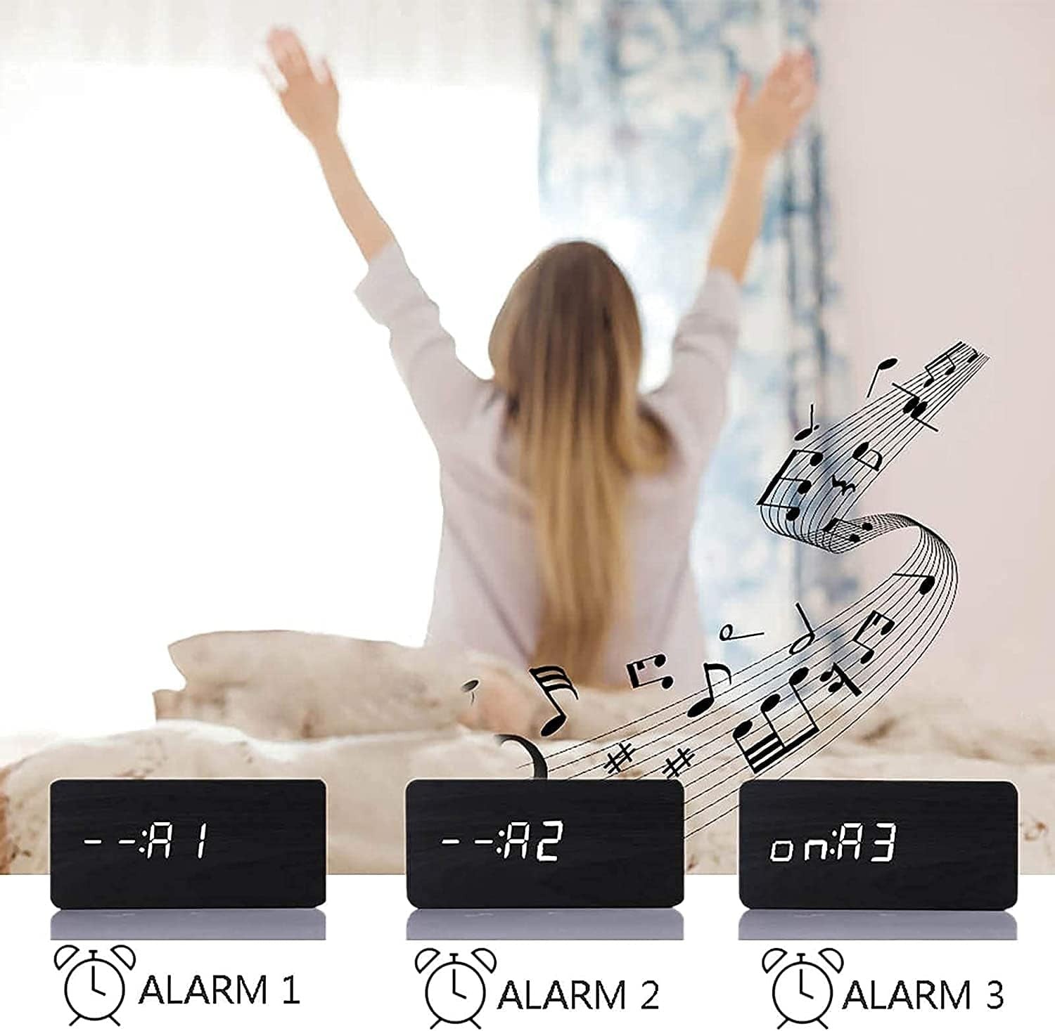 Wooden LED Digital Alarm Clock Silent Bedside Temperature Display