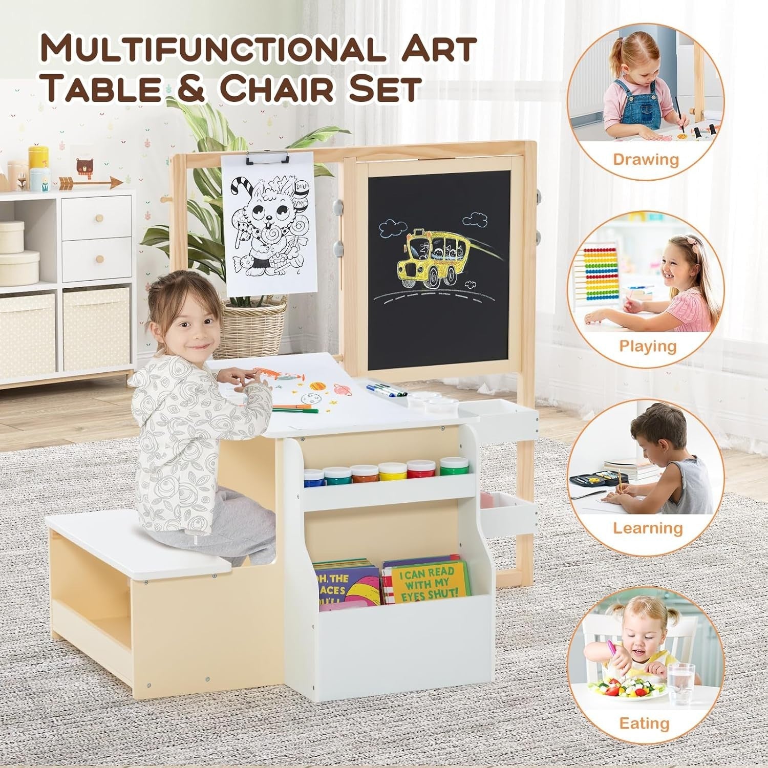 Kids Art Table & Chair Set with Double-Sided Easel, Storage & Paper Roll