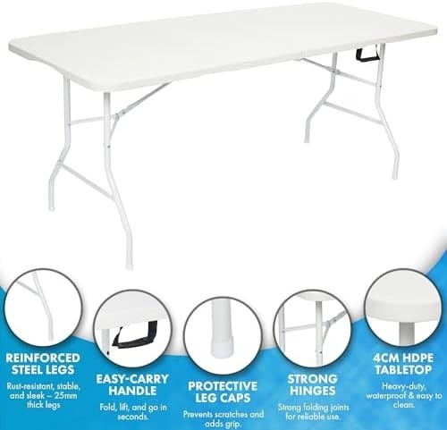 6ft Folding Table with 2 Premium Chairs White Indoor Outdoor Set