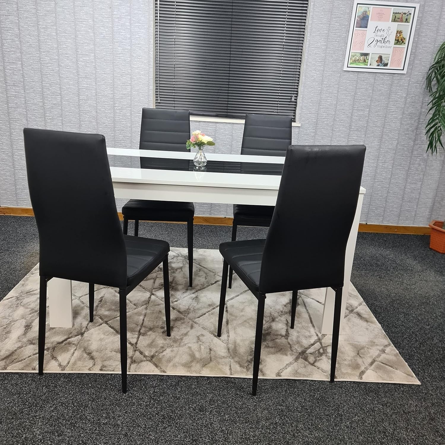 Modern White & Black Dining Table Set 4 Faux Leather Chairs Glossy Finish