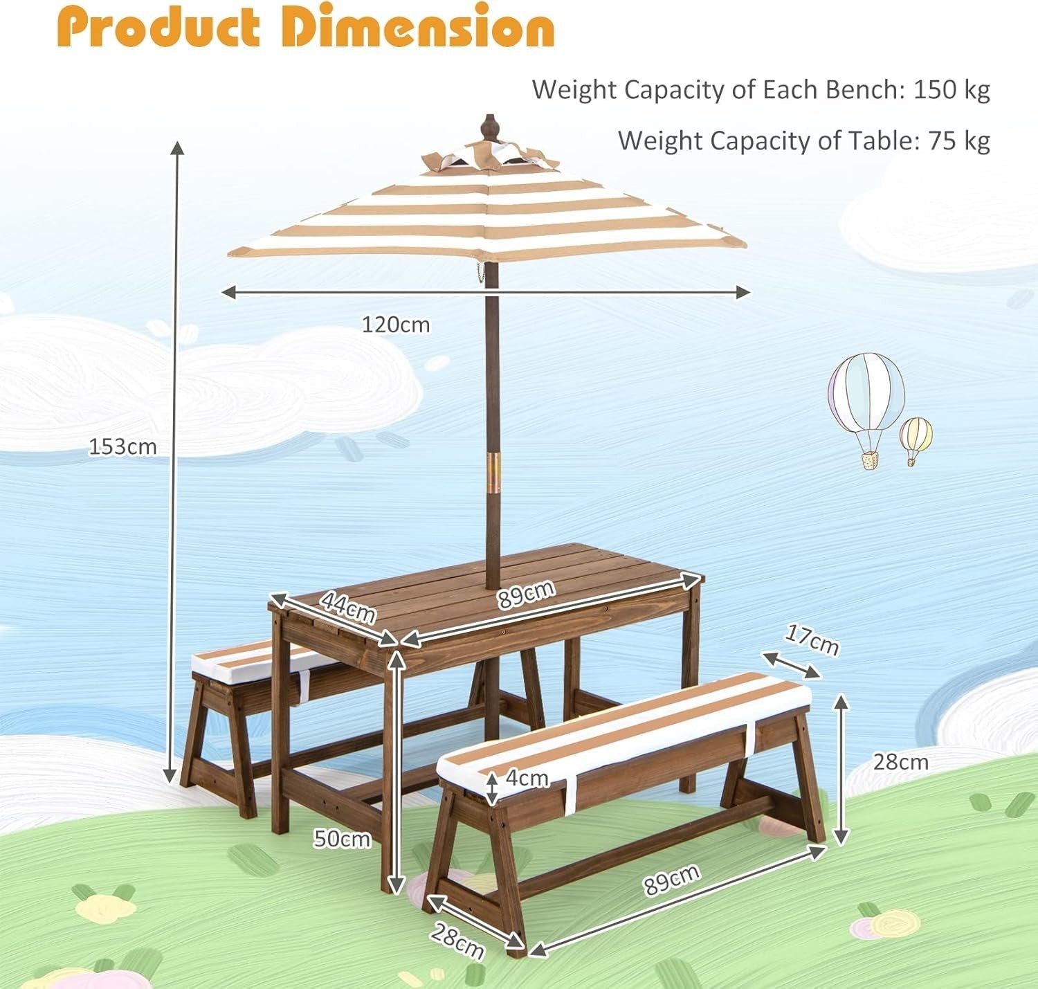 Kids Wooden Picnic Table Set with Cushions & Removable Umbrella, Indoor/Outdoor