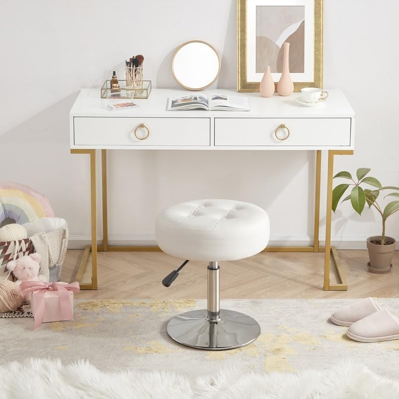 White PU Leather Swivel Vanity Stool – Adjustable Tufted Round Makeup Chair