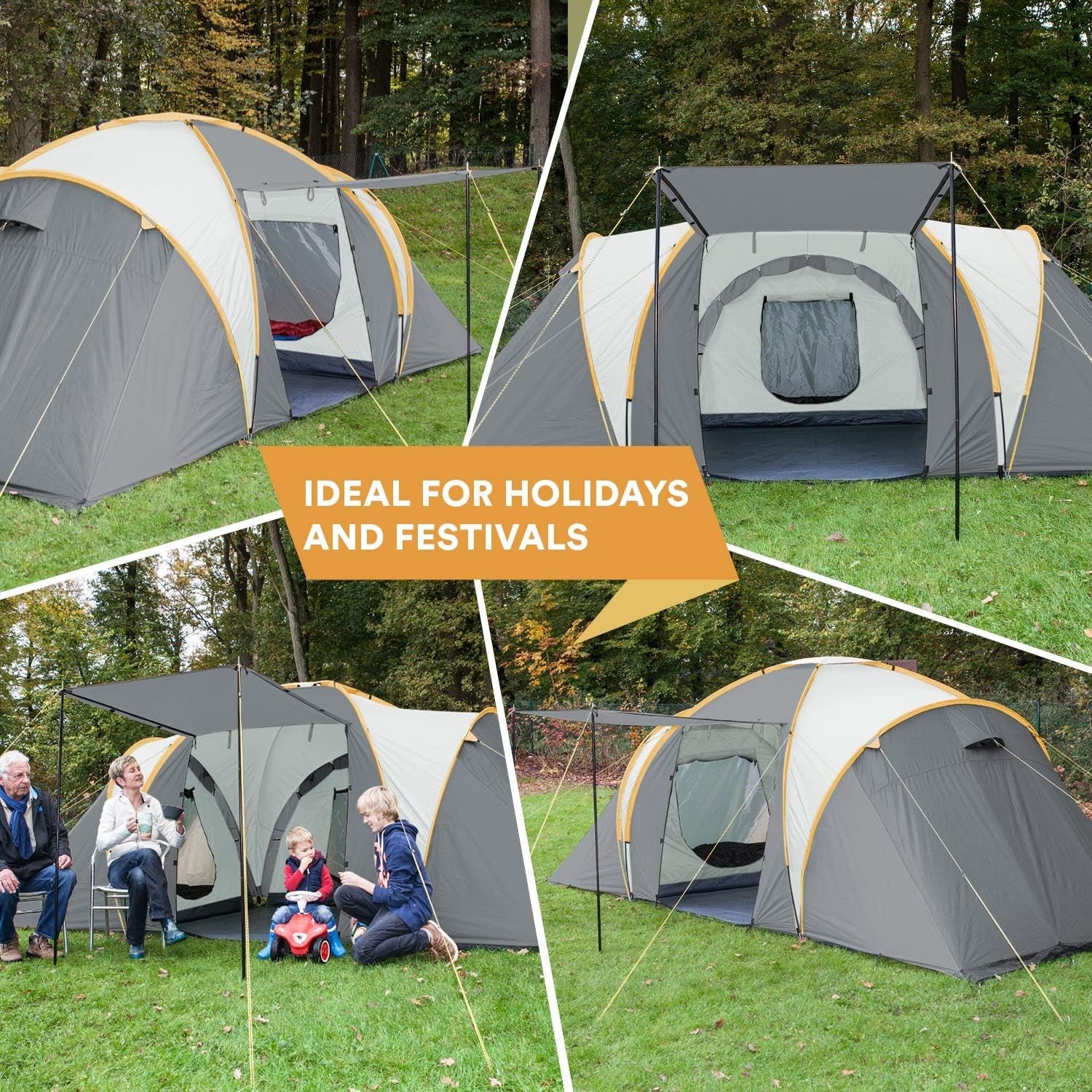 6 Man Family Dome Tent 3000mm Waterproof 3 Cabins Sun Canopy