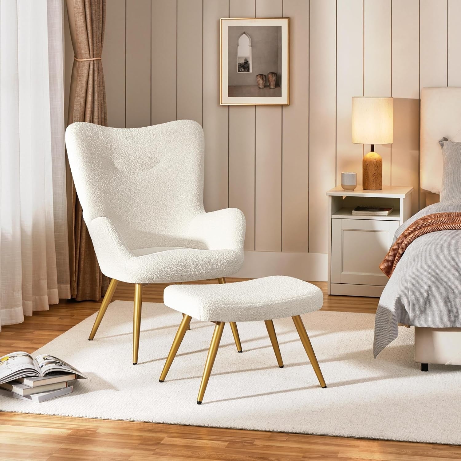 Sherpa Boucle Armchair with Ottoman High Back Lounge Chair Ivory