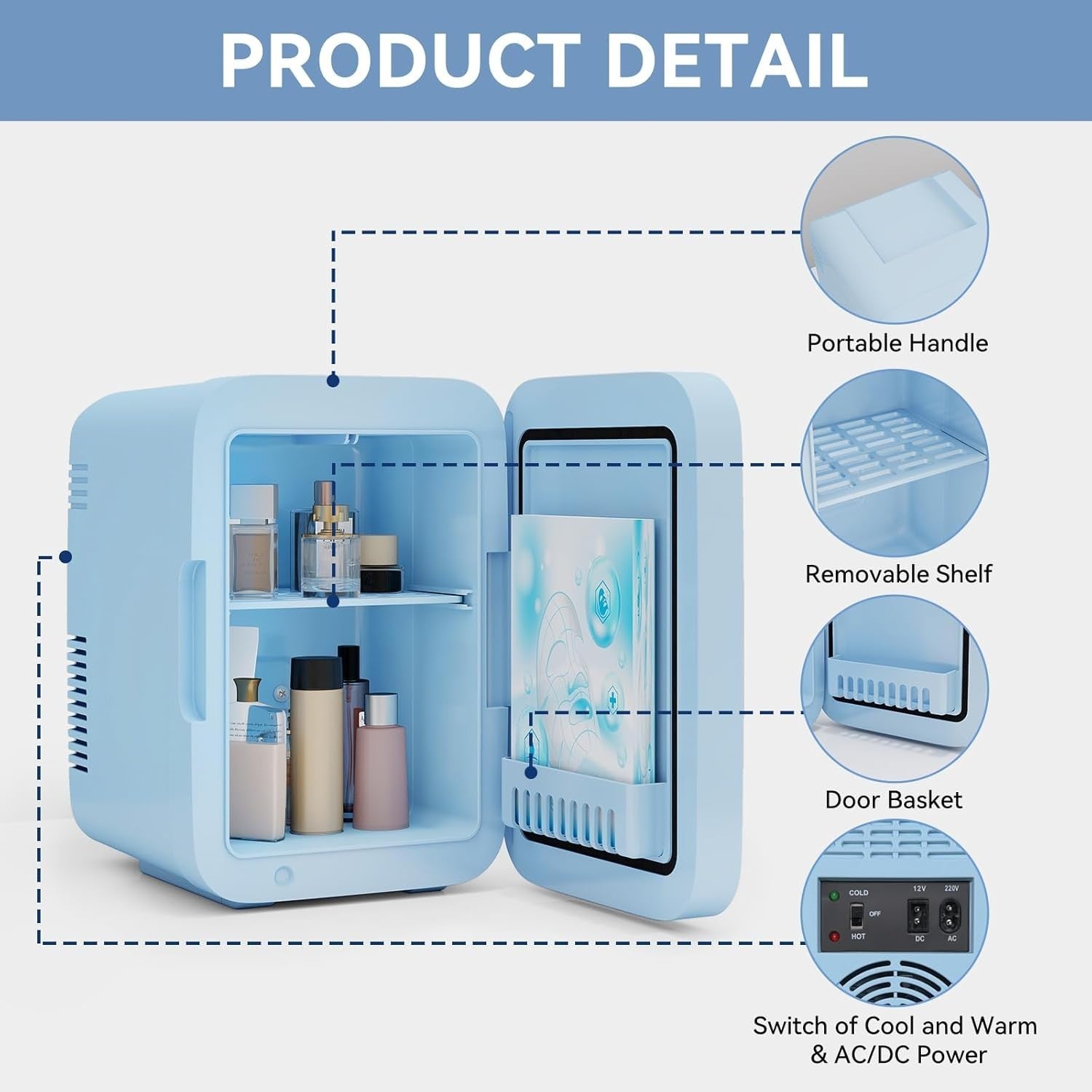 4L Portable Mini Skincare Fridge Cooler & Warmer LED Mirror AC/DC Blue