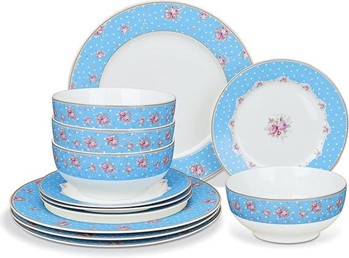 12pc Porcelain Dinner Set Floral Plates Bowls Dishwasher Microwave Safe