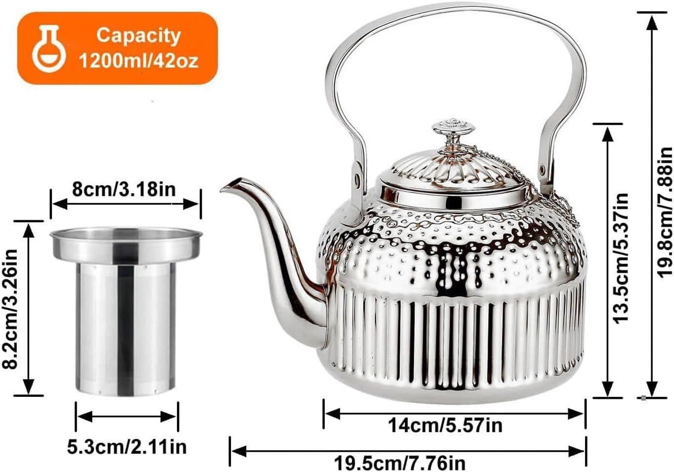 Stainless Steel Teapot with Infuser 1.2L Loose Leaf Tea Pot 5-6 Cups