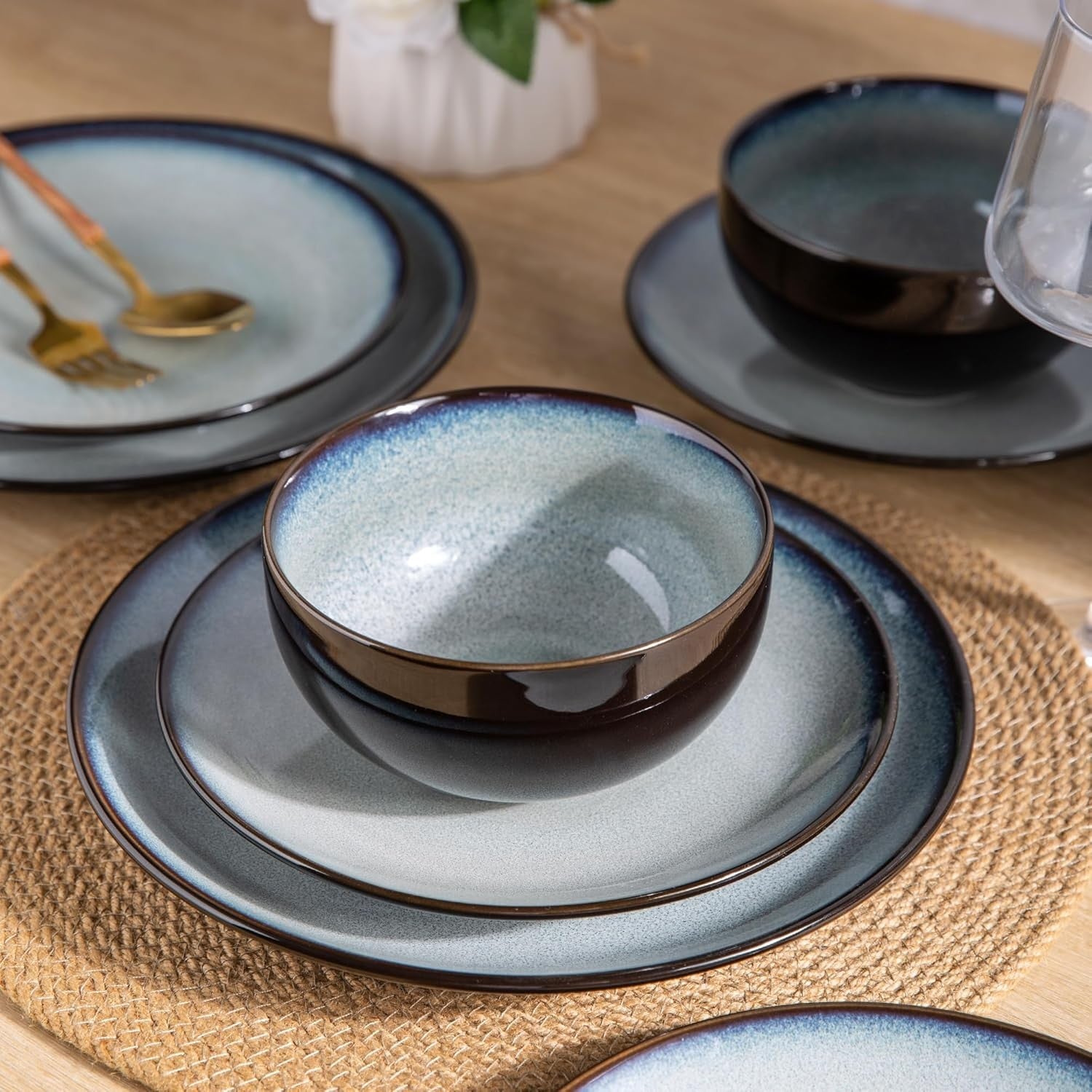 18 Piece Stoneware Dinner Set for 6 Ocean Blue Reactive Glaze Plates Bowls