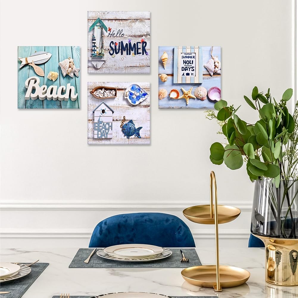 Beach Wall Art Canvas Prints 4 Piece Set Blue Ocean 30x30cm Framed Decor