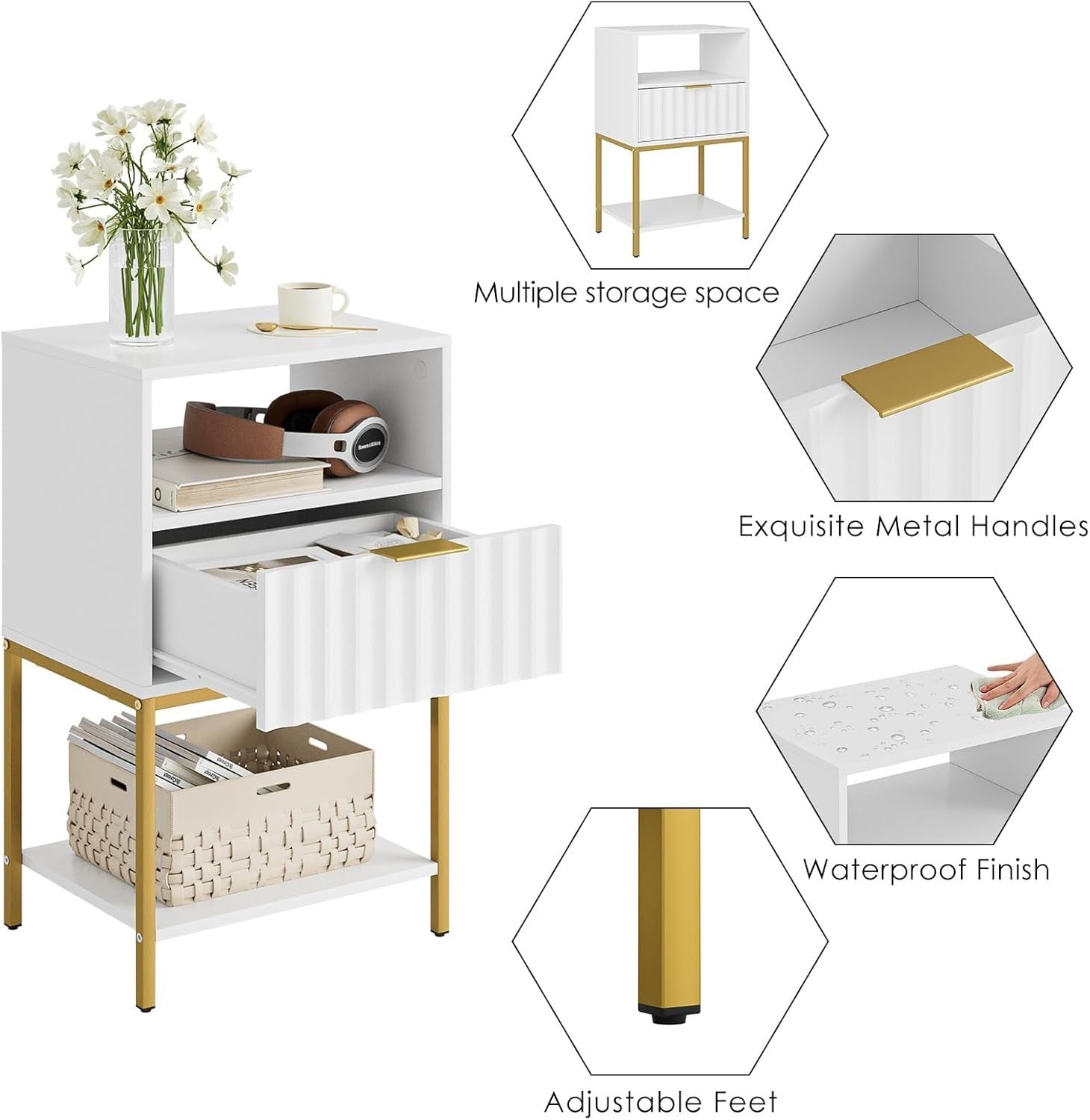 White Bedside Table with Gold Frame – Modern 3-Tier Storage Side Table
