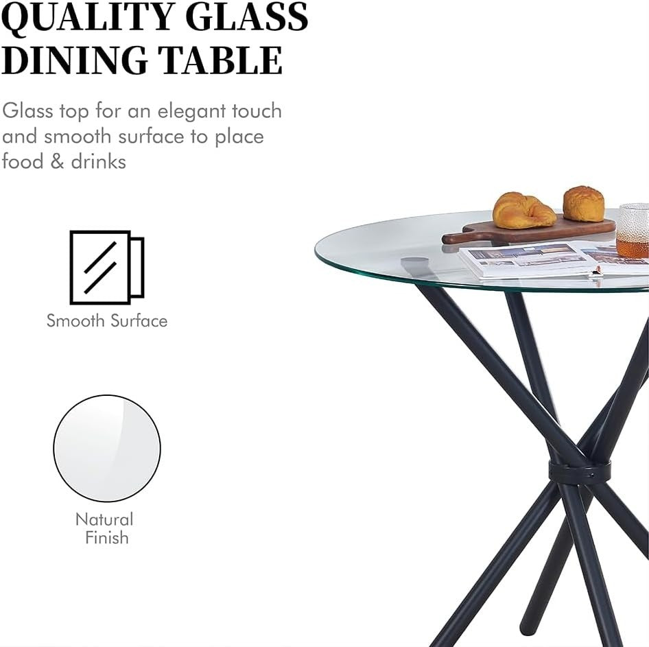 Round Glass Dining Table Set 4 Seater 90cm Black Faux Leather Chairs