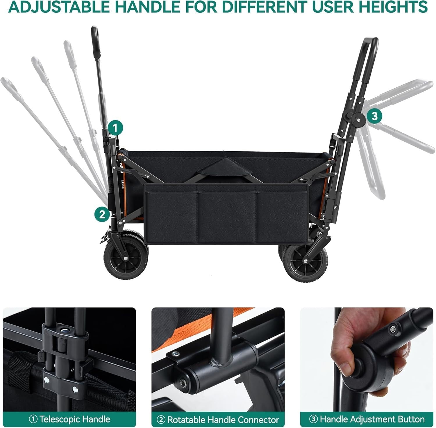 Black Folding Beach Wagon Cart w/ Canopy Oversized Wheels Push Pull 220lbs