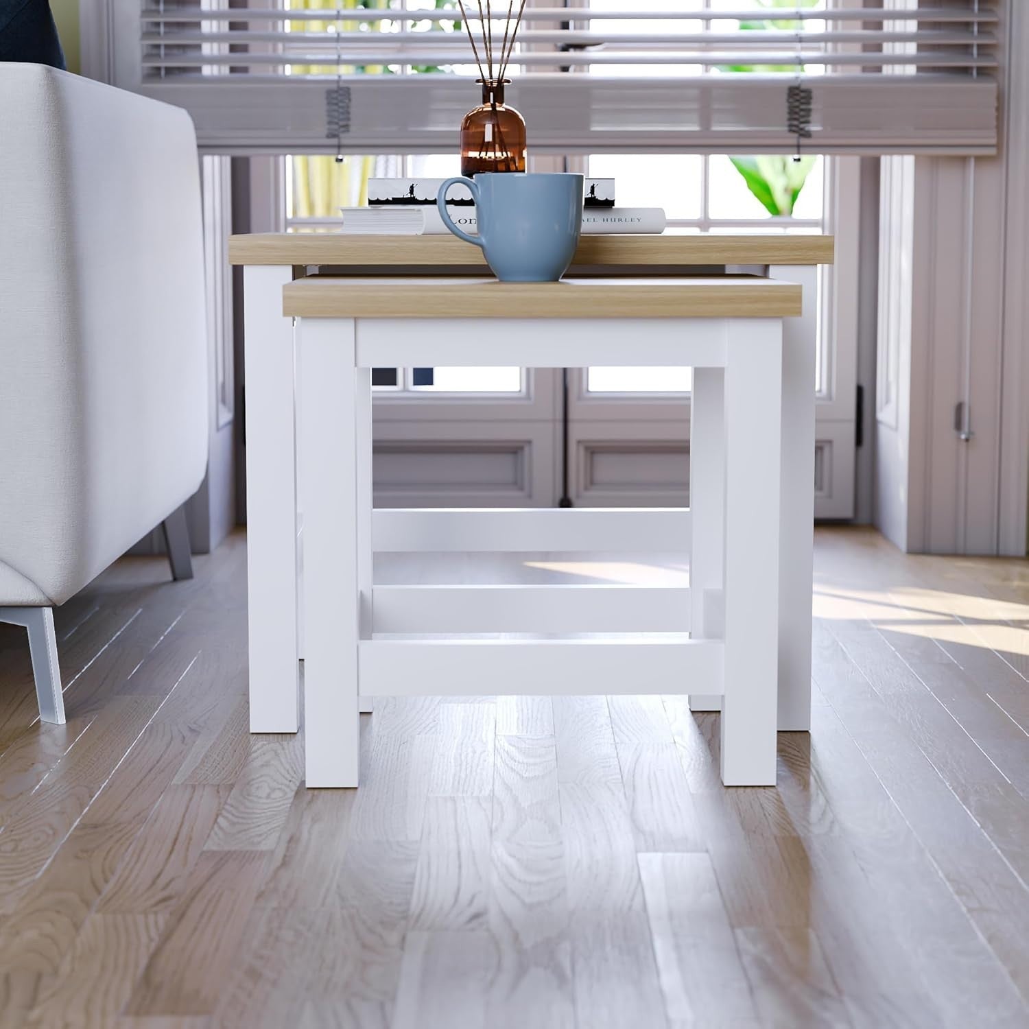 Space Saving Nesting Side Tables White & Oak Modern Living Room Nightstand