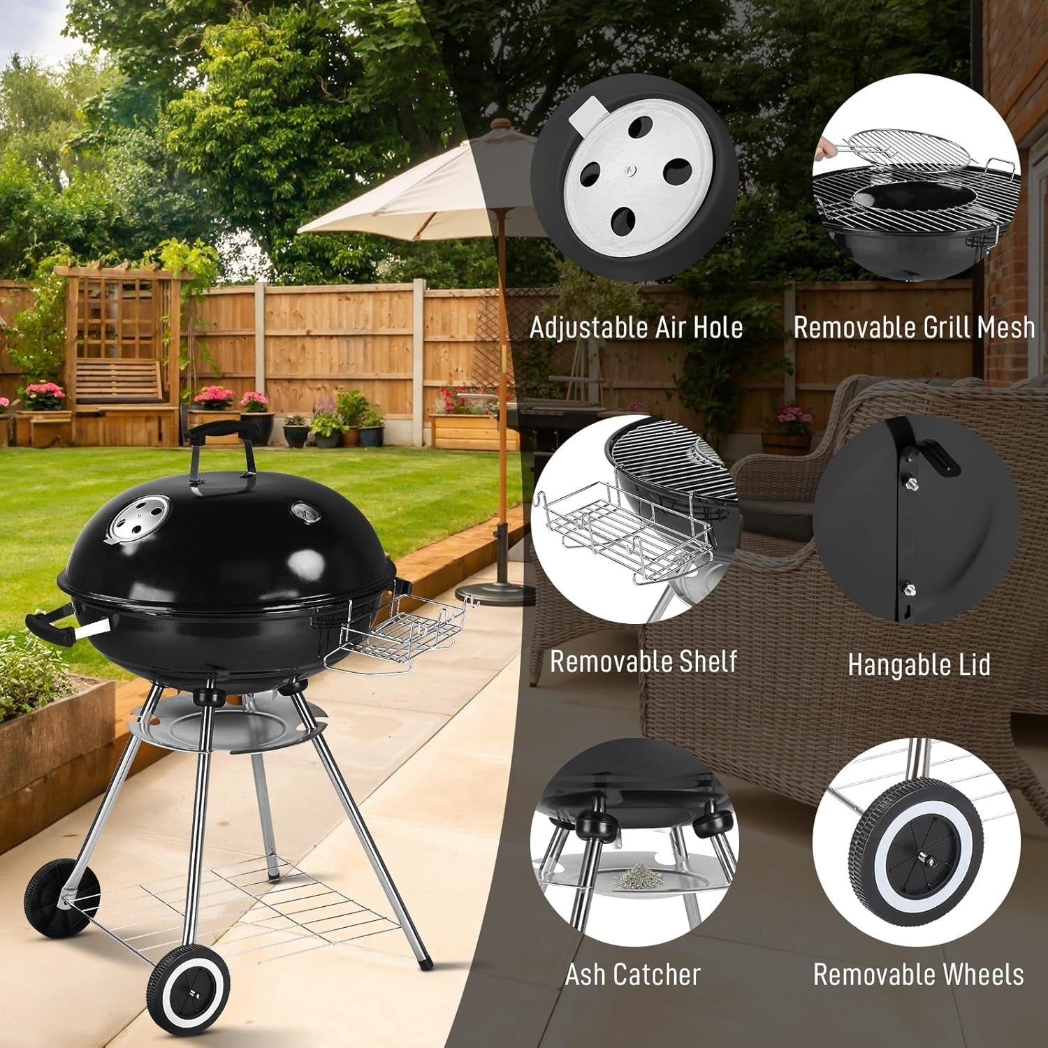 Large Charcoal BBQ Grill with Wheels & Thermometer, 28" Kettle Outdoor Garden