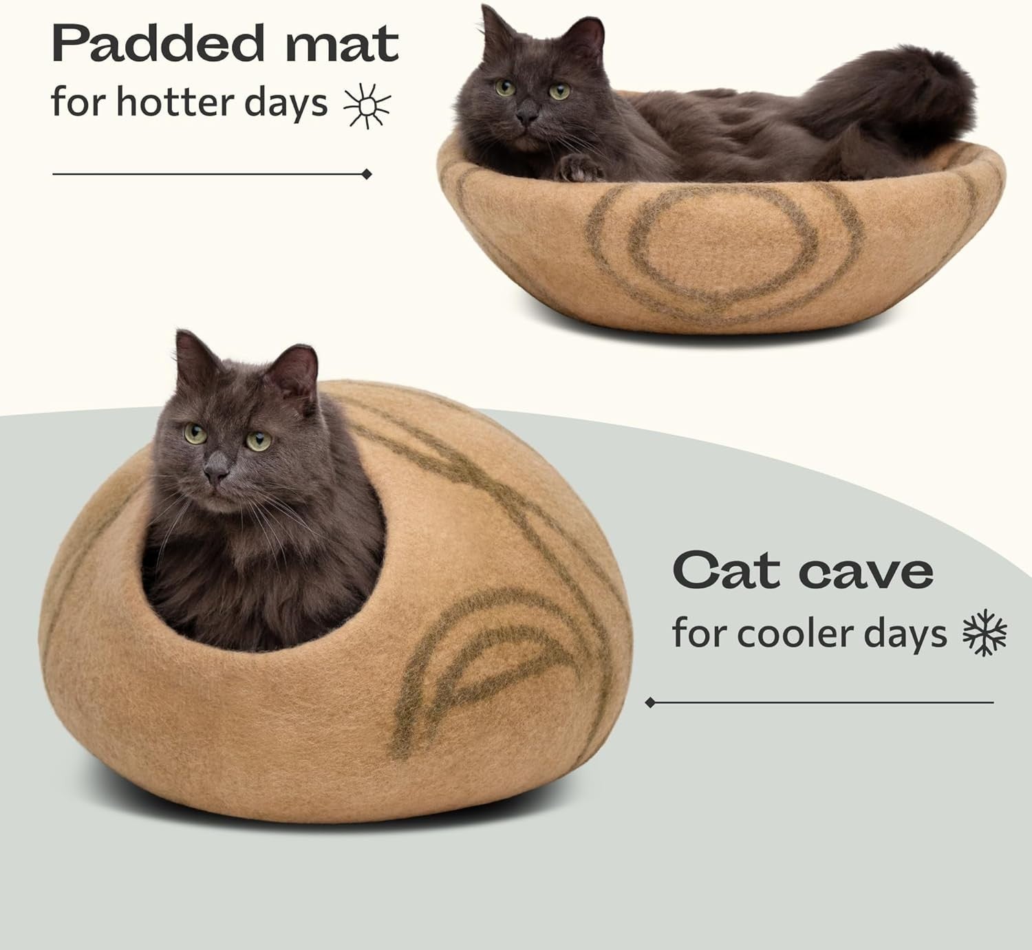 Large Felt Cat Cave Bed Handmade Merino Wool Indoor Cat House Beige