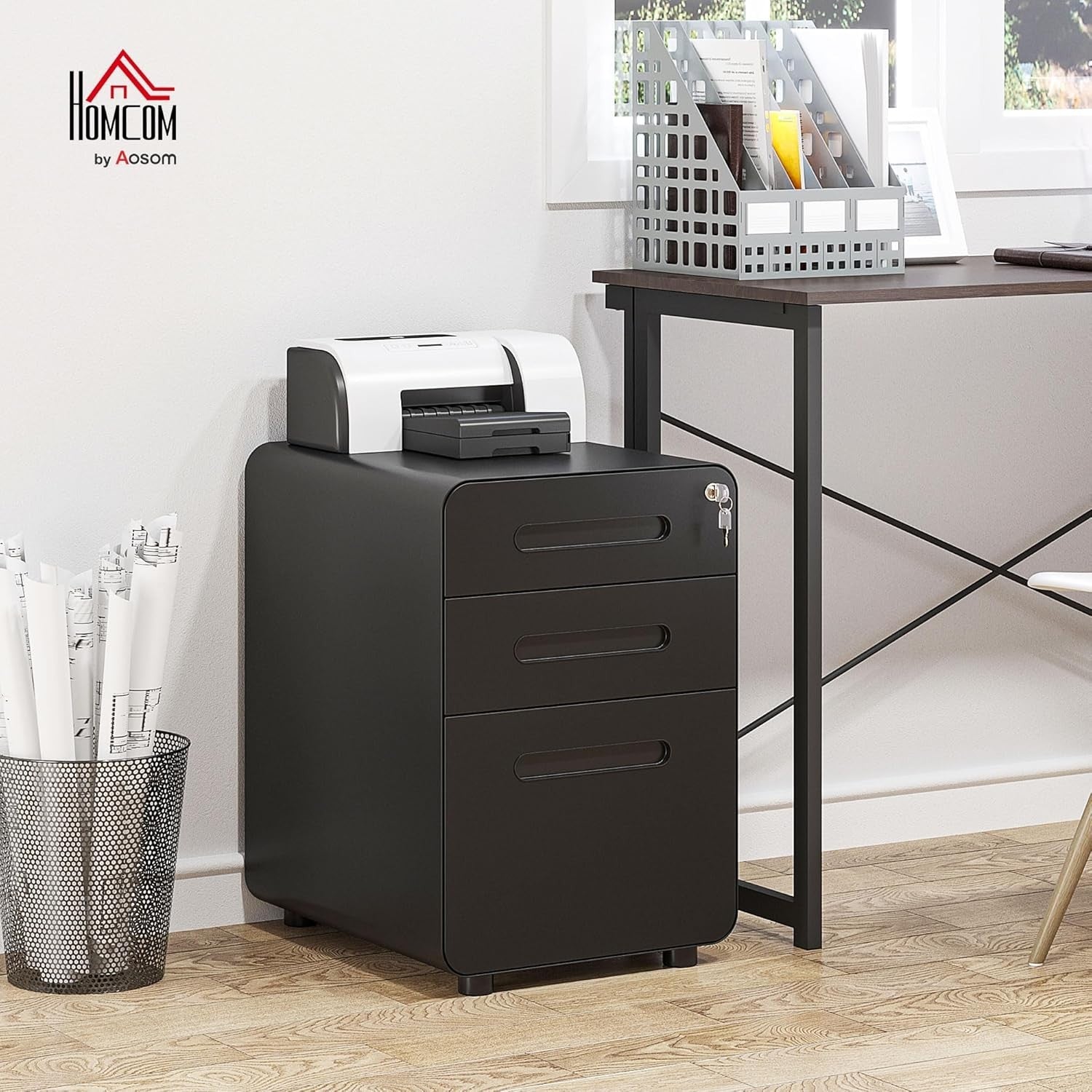 Black 3 Drawer Lockable Filing Cabinet with Wheels – A4 Vertical Office Storage