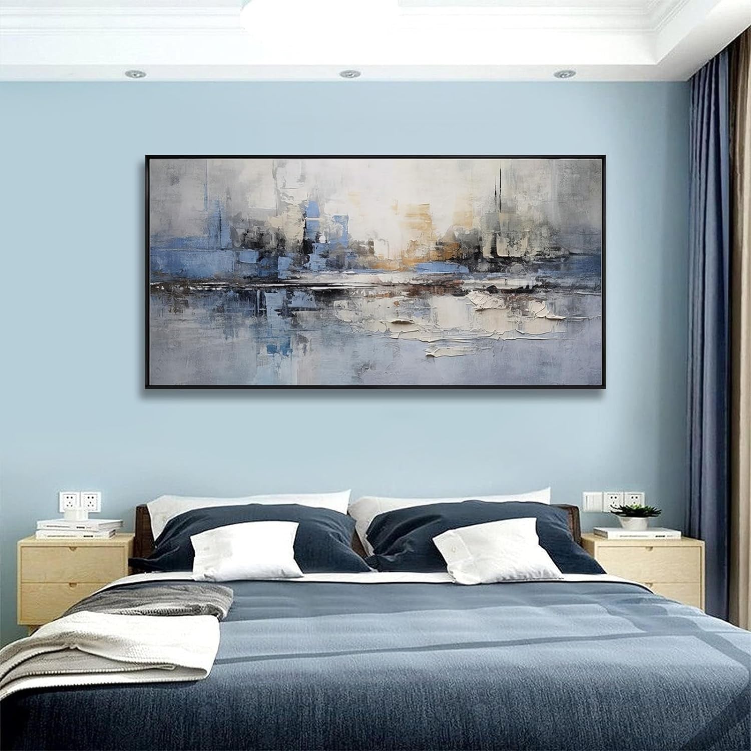 Blue Gray Abstract Canvas Wall Art Framed 20x40 in Modern Decor