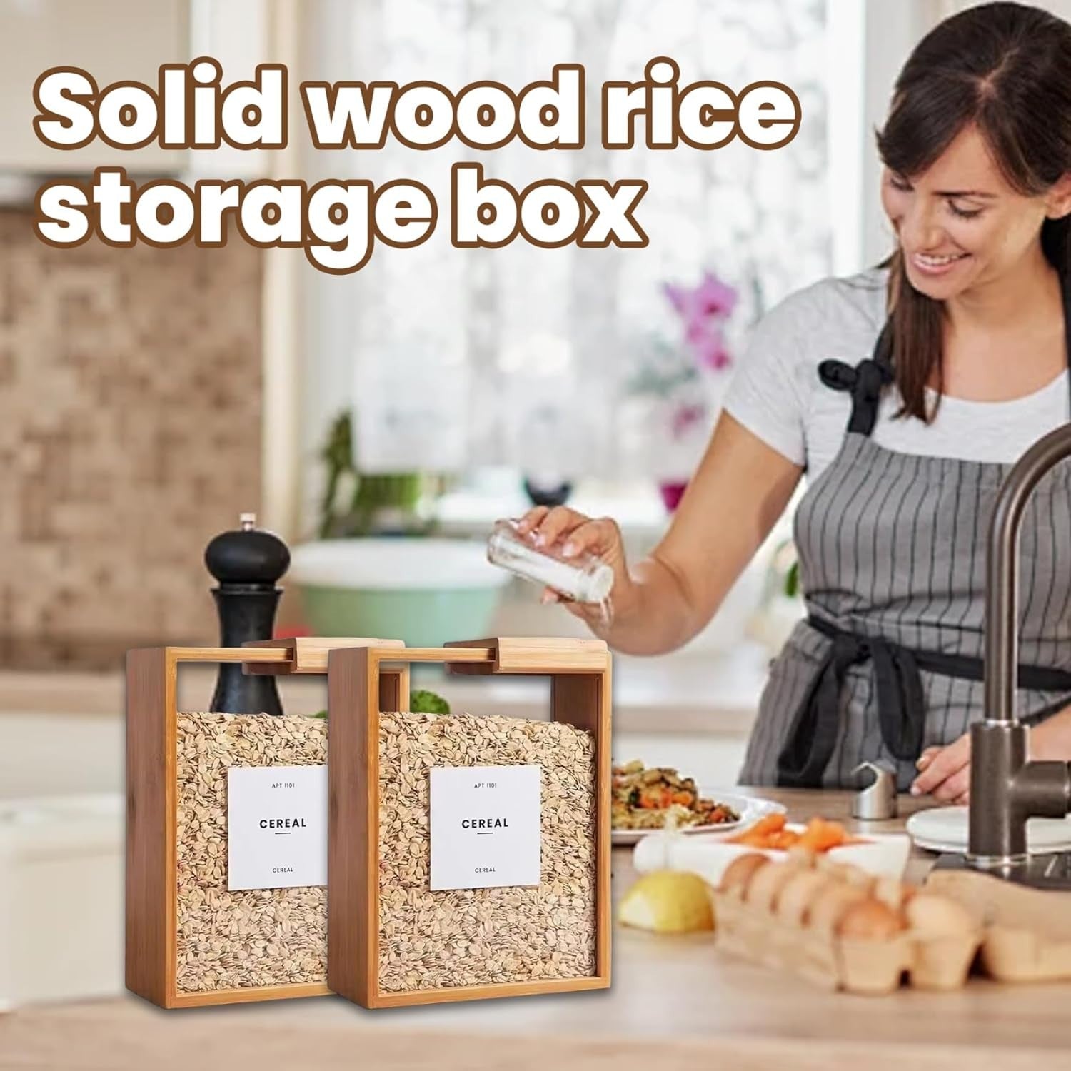 4PCS Bamboo Cereal Storage Containers 9x7x3in Stackable