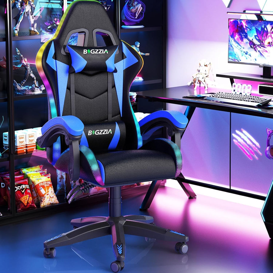 RGB LED Gaming Chair Reclining PU Leather Ergonomic Blue